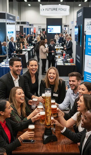 Transparenter Bierturm inklusive Zapfhahn und separatem Eiswürfelbehälter zur Kühlung ohne Verwässern.