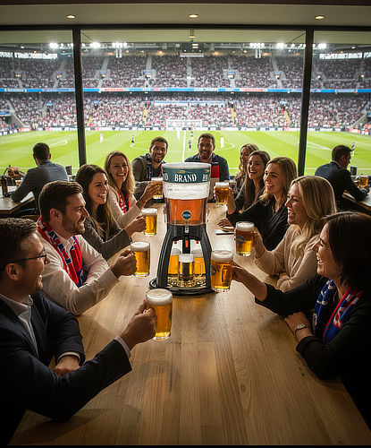 Transparenter Bierturm inklusive Zapfhahn und separatem Eiswürfelbehälter zur Kühlung ohne Verwässern.