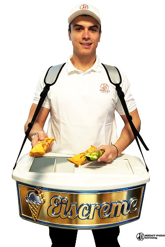 Ergonomisch gepolsterter Schulter-Kühl-Bauchladen für schwere Lasten wie Bier und Eis. Gastro-Bauchladen mit hoher Kapazität für den kombinierten Verkauf von Eis und Dosen