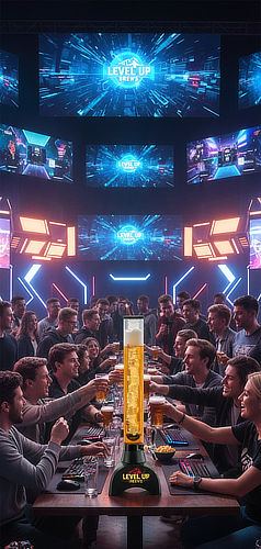 Beleuchteter Getränketower mit LED-Farbeffekten als optisches Highlight für Bars und nächtliche Events.